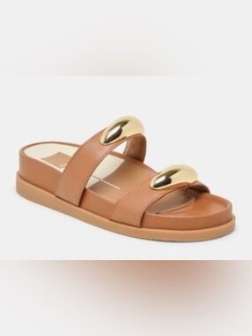 DOLCE VITA SATINE SADDLE LEATHER SANDALS GOLD HARDWARE WOMEN TAN COLOR SIZE 7.5